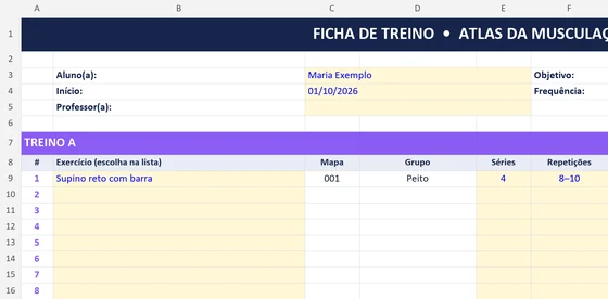 Planilha do Bônus 06: ficha de treino editável com os 300 exercícios do Atlas